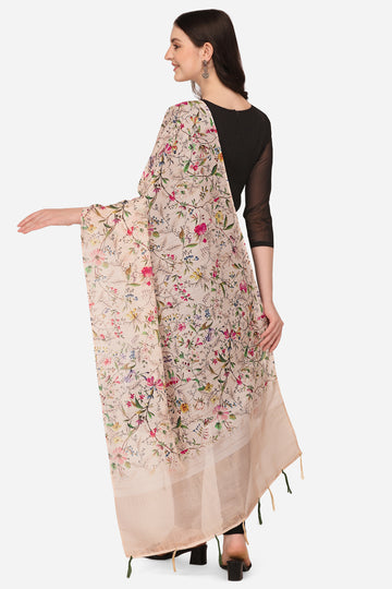 Peach Color Floral Digital Printed Zari Silk Dupatta